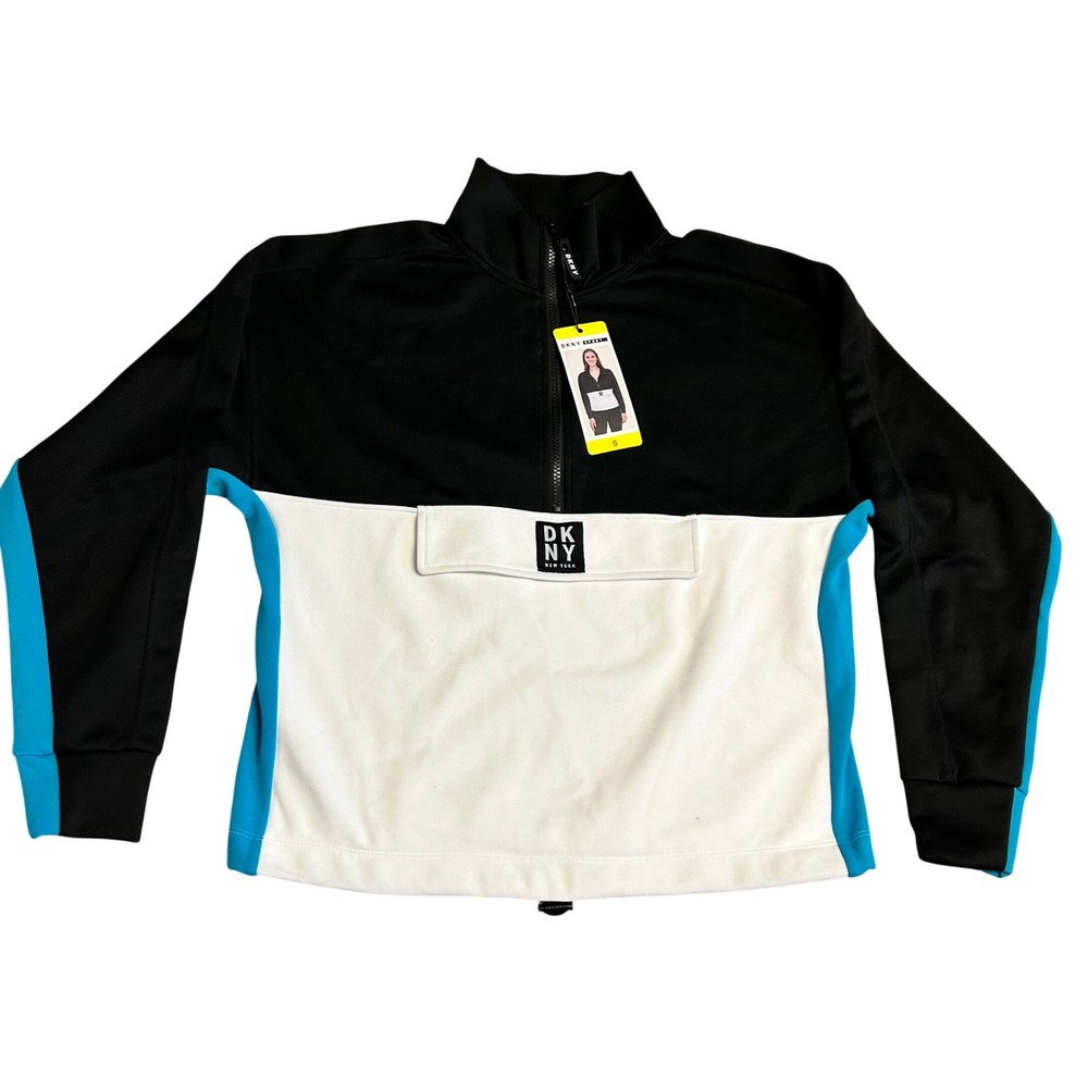 DKNY Sport Womens Jacket Small Pullover Zip Black White Teal Colorblock